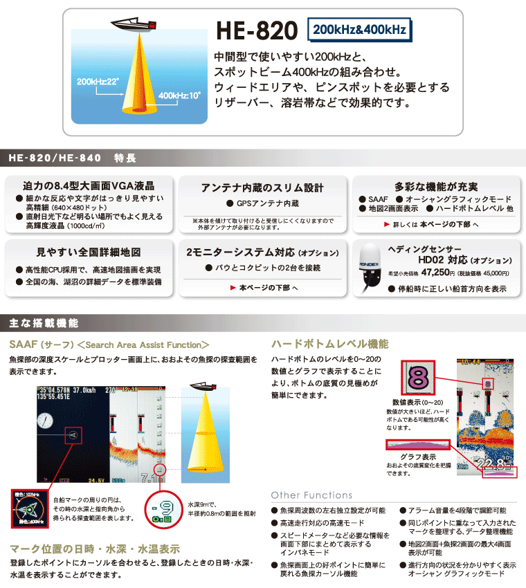 8.4型カラー液晶 プロッター魚探 HE-820 アンテナ内蔵 200/400KHz