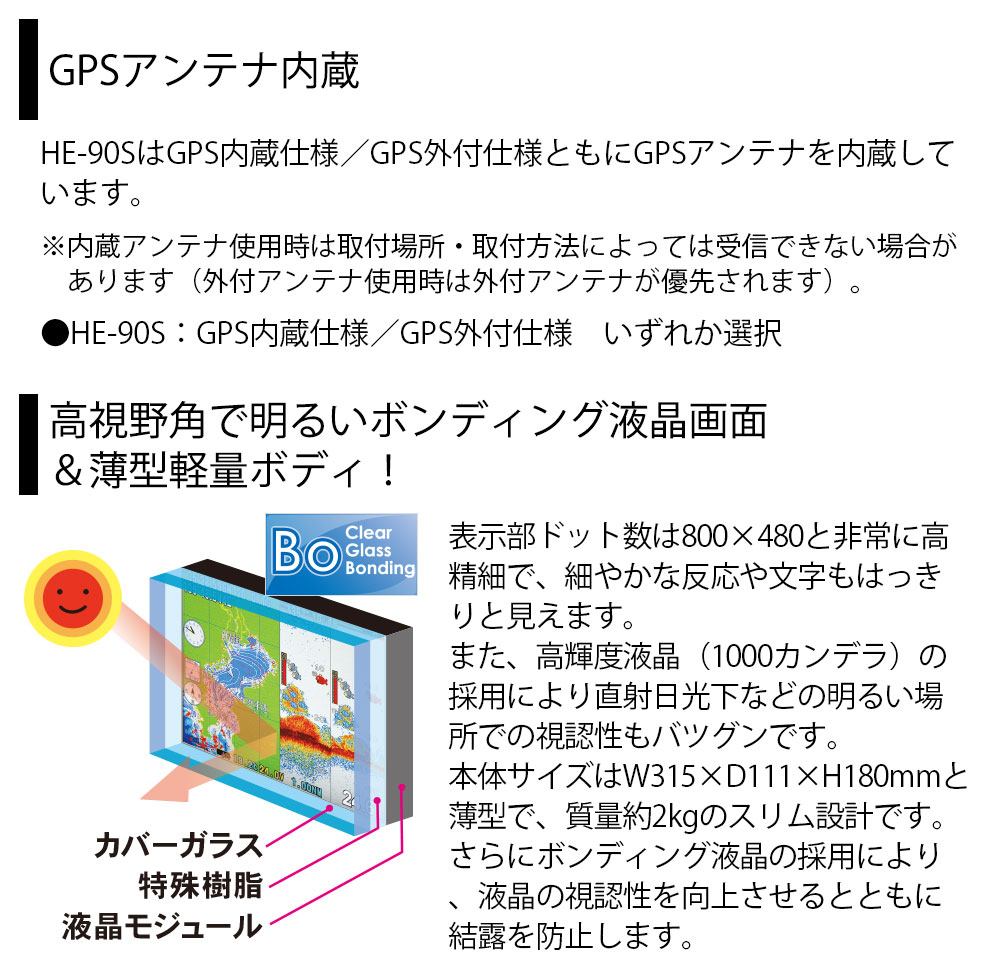 HE-90S GPSアンテナ内蔵仕様 9型ワイドカラー液晶 GPSプロッター魚探 