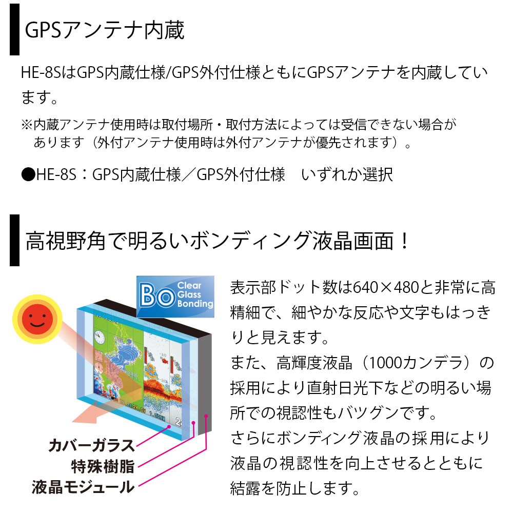 HE-8S GPSアンテナ内蔵仕様 8.4型カラー液晶 GPSプロッター魚探 600W ...