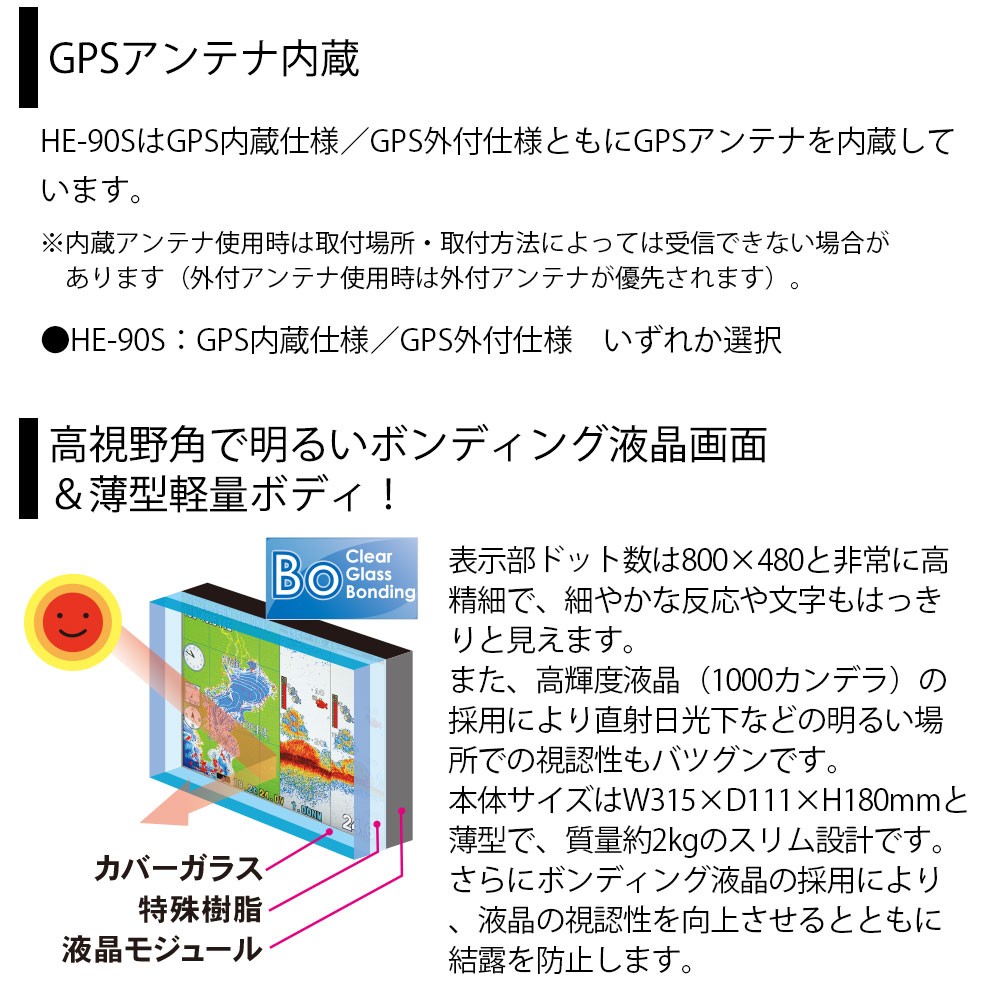 HE-90S GPSアンテナ外付仕様 9型ワイドカラー液晶 GPSプロッター魚探 