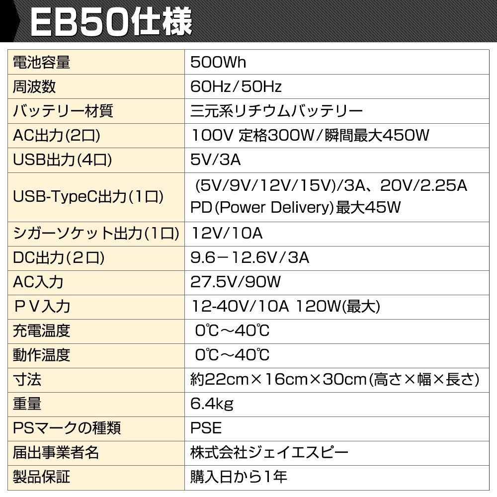 ポータブル電源 EB50 135000mAh/500Wh 瞬間最大出力450W HANT(ハント