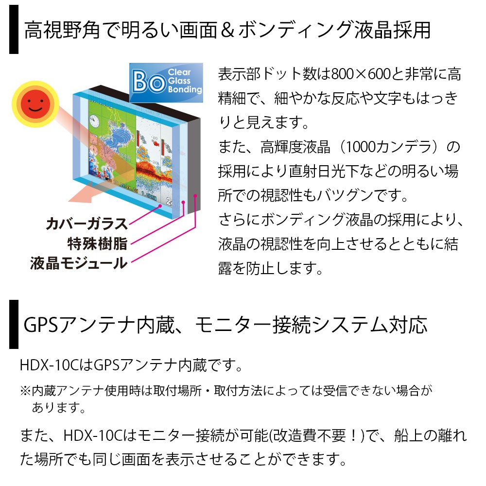 HDX-10C GPSアンテナ内蔵仕様 10.4型カラー液晶 クリアチャープ GPSプロッター魚探 TD340振動子 (1kW) 38-70kHz  130-220kHz HONDEX(ホンデックス)｜ネオネットマリン通販