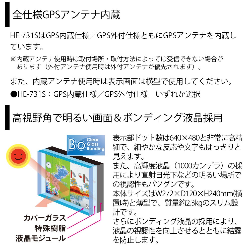 HE-731S GPSアンテナ内蔵仕様 10.4型カラー液晶 GPSプロッター魚探 TD47振動子 1kW 50＆200kHz 2周波 HONDEX( ホンデックス)｜ネオネットマリン通販